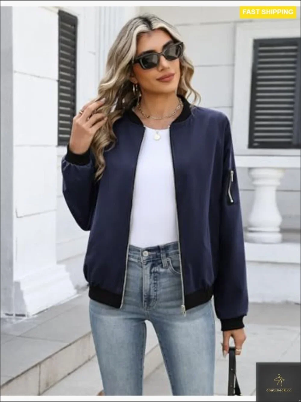 Casual Bomber Jacket Zip Up Lightweight Trendy Workwear Coat With Pockets
